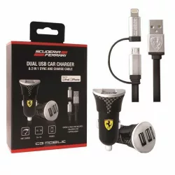   Ferrari FEBCCCBUNBK autós töltő 2xUSB-A csatlakozóval és USB-A - microUSB/Lightning kábellel (fekete)