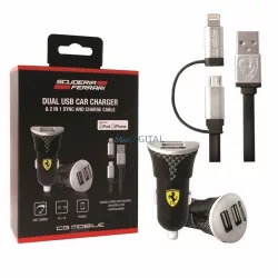   Ferrari FEBCCCBUNBK autós töltő 2xUSB-A csatlakozóval és USB-A - microUSB/Lightning kábellel (fekete)