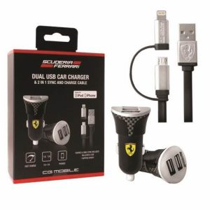 Ferrari FEBCCCBUNBK autós töltő 2xUSB-A csatlakozóval és USB-A - microUSB/Lightning kábellel (fekete)