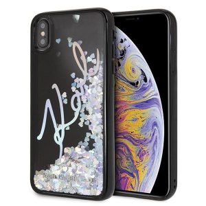 Karl Lagerfeld KLHCI65KSIGMU iPhone Xs Max fekete keménytok  Aláírás Folyékony csillogó flitteres flitteres szegecsekkel