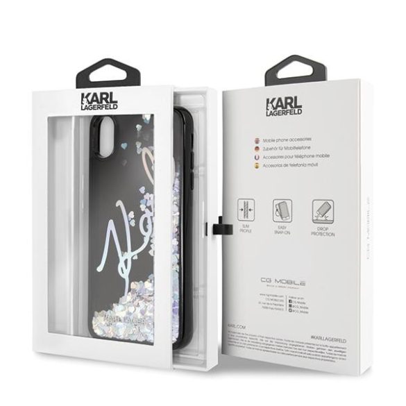 Karl Lagerfeld KLHCI65KSIGMU iPhone Xs Max fekete keménytok  Aláírás Folyékony csillogó flitteres flitteres szegecsekkel