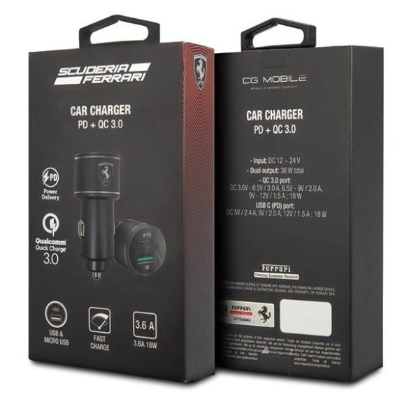 Ferrari FEOCCALBK autós töltő 1XUSB-A és 1xUSB-C csatlakozóval PD-QC 3.0 36W fekete
