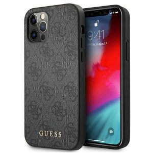 Guess GUHCP12MG4GFGR iPhone 12 / 12 Pro 6,1" szürke 4G fém arany logós keménytok