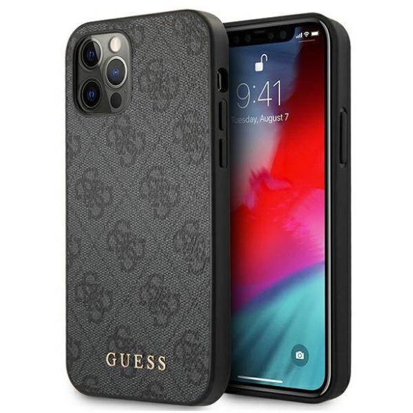 Guess GUHCP12MG4GFGR iPhone 12 / 12 Pro 6,1" szürke 4G fém arany logós keménytok