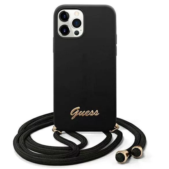 Guess GUHCP12MLSCLMGBK iPhone 12/12 Pro 6,1" fekete Metal Logo Cord keménytok