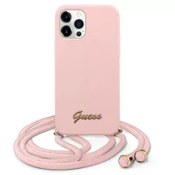   Guess GUHCP12MLSCLMGLP iPhone 12/12 Pro 6,1" rózsaszín fém logós keménytok zsinórral