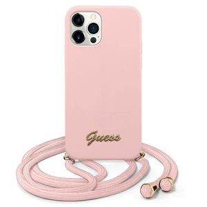 Guess GUHCP12MLSCLMGLP iPhone 12/12 Pro 6,1" rózsaszín fém logós keménytok zsinórral