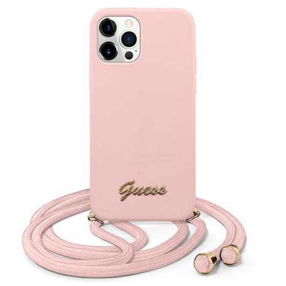 Guess GUHCP12LLSCLMGLP iPhone 12 Pro Max 6,7" rózsaszín fém logós keménytok zsinórral