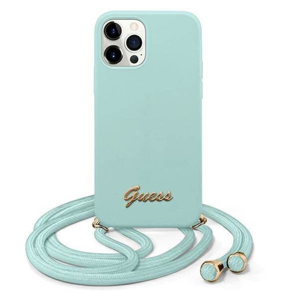 Guess GUHCP12LLSCLMGLB iPhone 12 Pro Max 6,7" jasno világoskék fém logós keménytok zsinórral