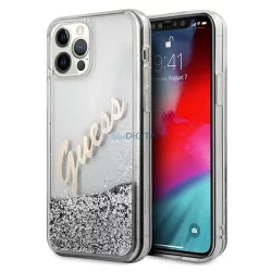   Guess GUHCP12LGLVSSI iPhone 12 Pro Max 6,7" ezüst Glitter Vintage Script keménytok