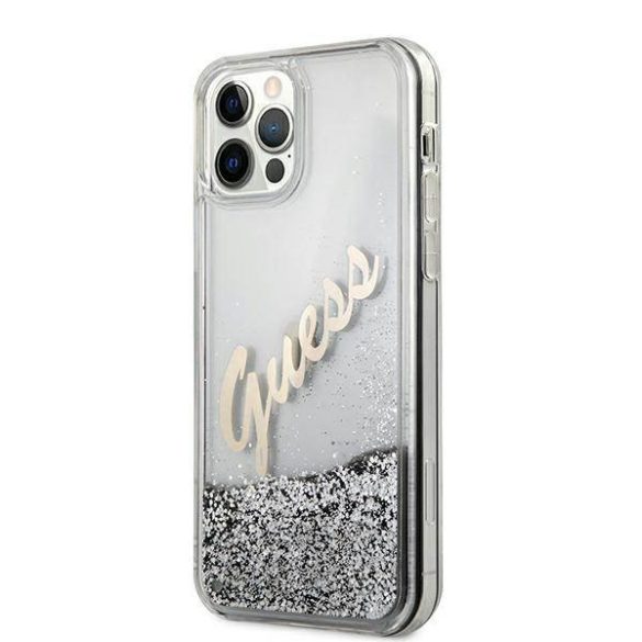 Guess GUHCP12LGLVSSI iPhone 12 Pro Max 6,7" ezüst Glitter Vintage Script keménytok