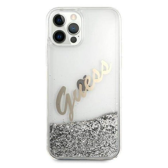 Guess GUHCP12LGLVSSI iPhone 12 Pro Max 6,7" ezüst Glitter Vintage Script keménytok