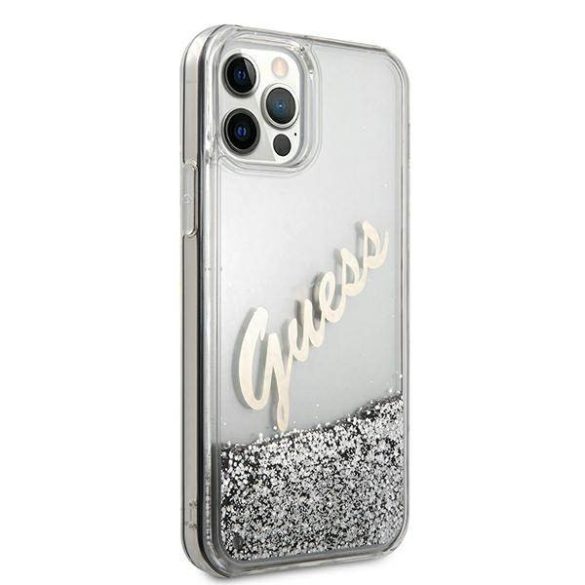 Guess GUHCP12LGLVSSI iPhone 12 Pro Max 6,7" ezüst Glitter Vintage Script keménytok