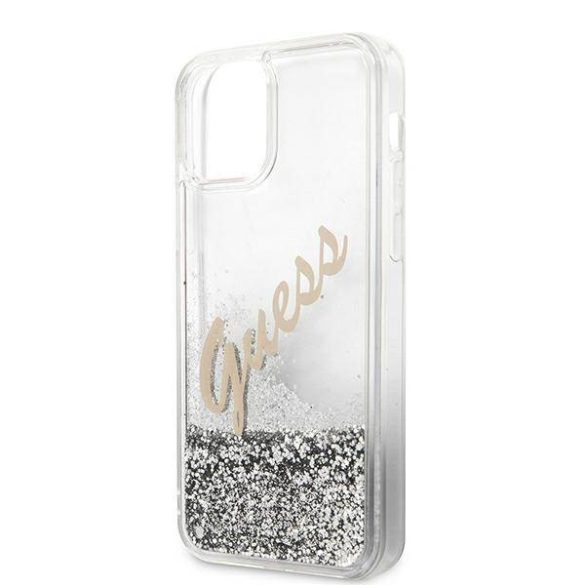 Guess GUHCP12LGLVSSI iPhone 12 Pro Max 6,7" ezüst Glitter Vintage Script keménytok