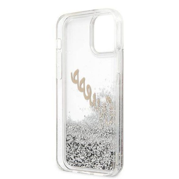 Guess GUHCP12LGLVSSI iPhone 12 Pro Max 6,7" ezüst Glitter Vintage Script keménytok