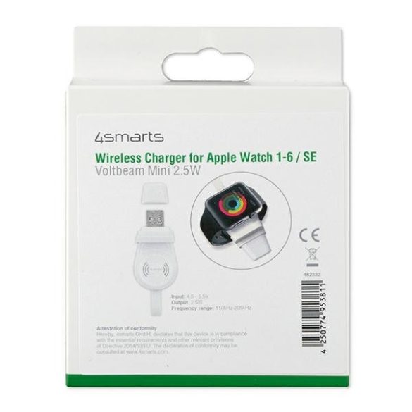 4smarts VoltBeam mini induktív töltő Apple Watch 1-8/SE-hoz 1m-es USB-A kábellel 2.5W - fehér