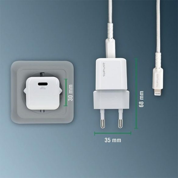 4smarts hálózati töltő 1xUSB-C csatlakozással és Type-C - Lightning 1.5m kábellel 30W GaN fehér