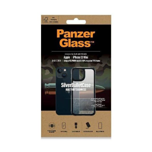 PanzerGlass ClearCase iPhone 13 Mini 5.4" fekete antibakteriális ütésálló SilverBullet tok