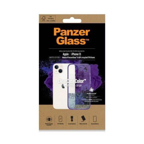 PanzerGlass ClearCase iPhone 13 / 14 / 15 6,1" antibakteriális ütésálló tok szőlő