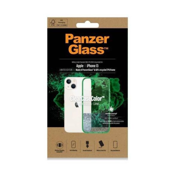 PanzerGlass ClearCase iPhone 13 / 14 / 15 6,1" Antibakteriális ütésálló tok Lime