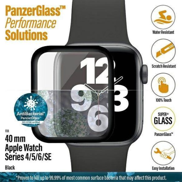 PanzerGlass lekerekített Apple Watch 4/5/6/SE 40mm antibakteriális fekete képernyővédő fólia