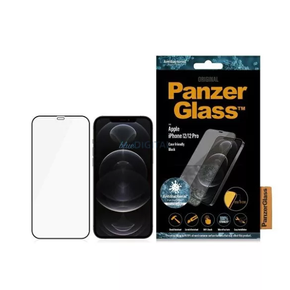 PanzerGlass E2E Super+ iPhone 12/12 Pro tokbarát antibakteriális mikrofraktúrás fekete képernyővédő fólia