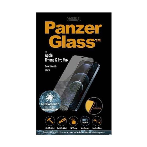 PanzerGlass E2E Super+ iPhone 12 Pro Max tokbarát antibakteriális mikrofraktúrás fekete képernyővédő fólia