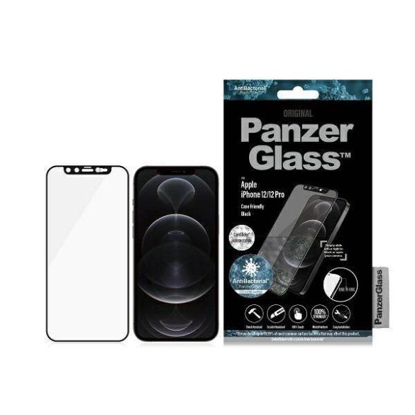 PanzerGlass E2E Microfracture iPhone 12 /12 Pro 6,1" CamSlider Swarovsky tokbarát antibakteriális fekete képernyővédő fólia