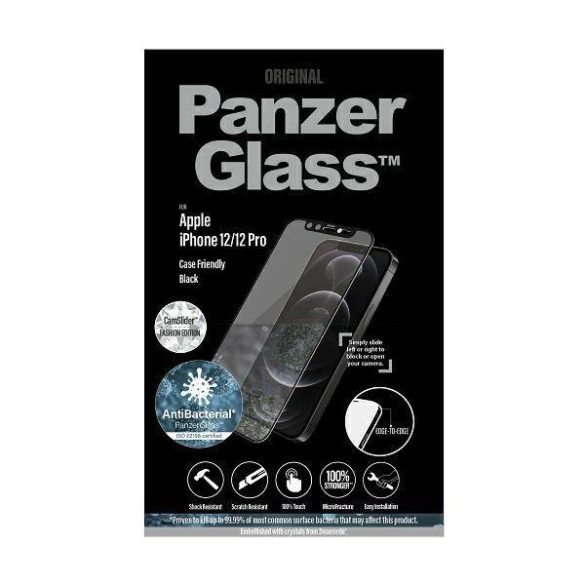 PanzerGlass E2E Microfracture iPhone 12 /12 Pro 6,1" CamSlider Swarovsky tokbarát antibakteriális fekete képernyővédő fólia