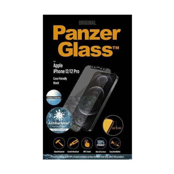 PanzerGlass E2E Anti-Glare iPhone 12/12 Pro tokbarát antibakteriális mikrofraktúrás fekete képernyővédő fólia