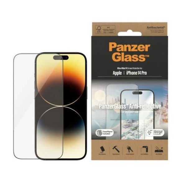 PanzerGlass Ultra-Wide Fit iPhone 14 Pro 6,1" Antireflexiós antibakteriális Easy Aligner képernyővédő fólia