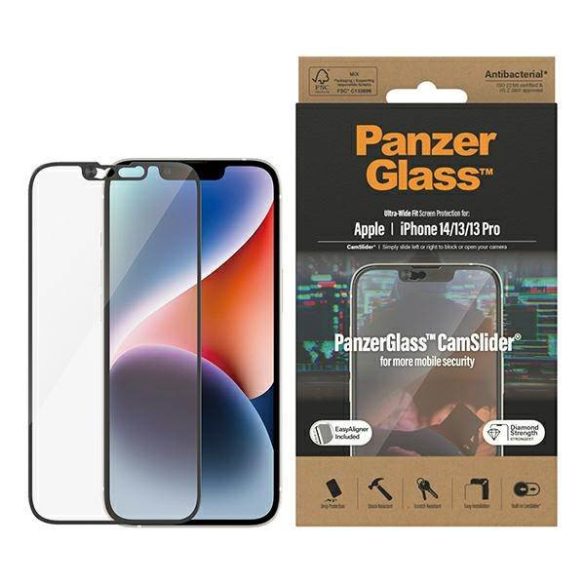 PanzerGlass Ultra-Wide Fit iPhone 14 / 13 / 13 Pro 6.1" CamSlider antibakteriális Easy Aligner képernyővédő fólia