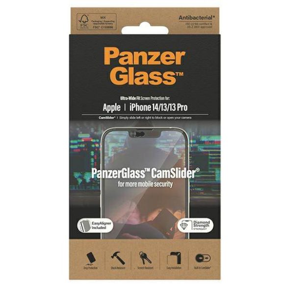 PanzerGlass Ultra-Wide Fit iPhone 14 / 13 / 13 Pro 6.1" CamSlider antibakteriális Easy Aligner képernyővédő fólia