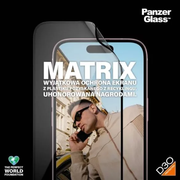 PanzerGlass Matrix D3O rPET hibrid üveg fekete szegéllyel felhelyezést segítő kerettel iPhone 15