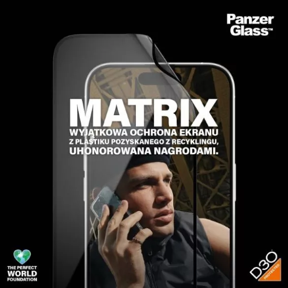 PanzerGlass Matrix D3O rPET hibrid üveg fekete szegéllyel felhelyezést segítő kerettel iPhone 15 Pro