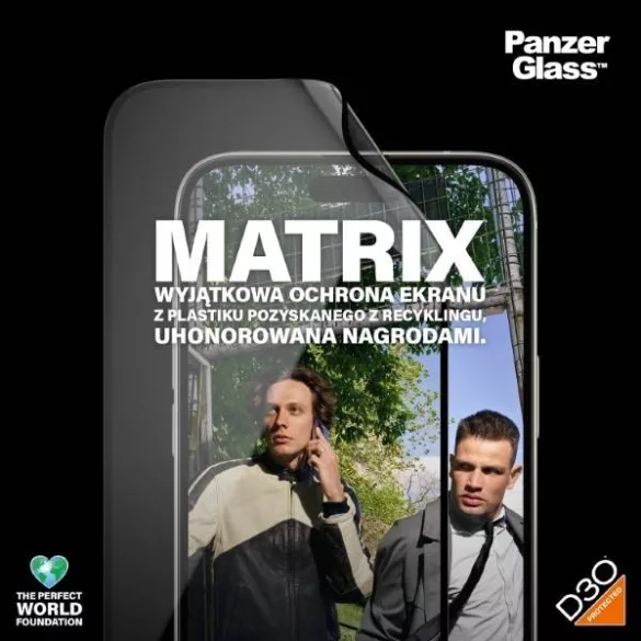 PanzerGlass Matrix D3O rPET hibrid üveg fekete szegéllyel felhelyezést segítő kerettel iPhone 15 Plus