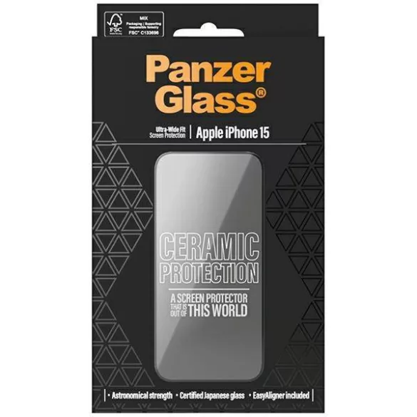 PanzerGlass Ceramic Protection kerámiaüveg fekete szegéllyel felhelyezést segítő kerettel iPhone 15