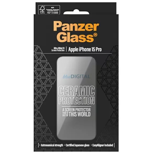 PanzerGlass Ceramic Protection kerámiaüveg fekete szegéllyel felhelyezést segítő kerettel iPhone 15 Pro