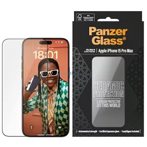 PanzerGlass Ceramic Protection kerámiaüveg fekete szegéllyel felhelyezést segítő kerettel iPhone 15 Pro Max