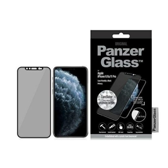 PanzerGlass E2E Super+ Swarovsky CamSlider betekintésvédett kijelzővédő fólia front kamera takaróval iPhone X/Xs/11 Pro