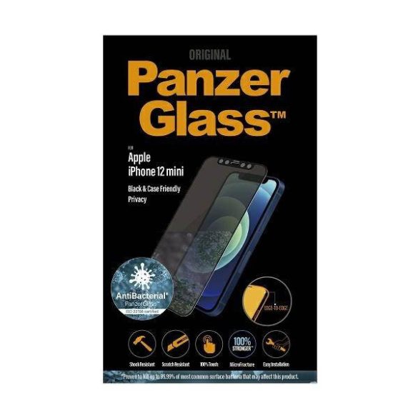 PanzerGlass E2E Super+ iPhone 12 Mini tokbarát antibakteriális mikrofraktúrás Privacy fekete kijelzővédő fólia