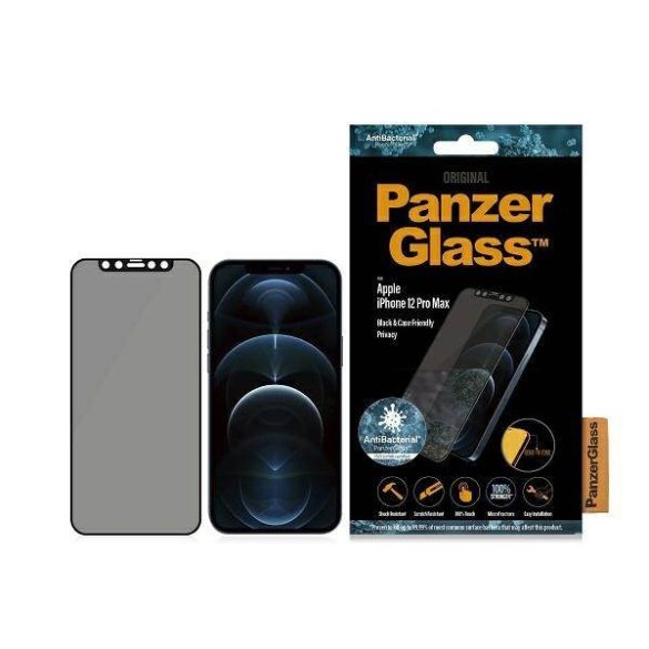 PanzerGlass E2E Super+ iPhone 12 Pro Max tokbarát antibakteriális mikrofraktúrás Privacy fekete kijelzővédő fólia