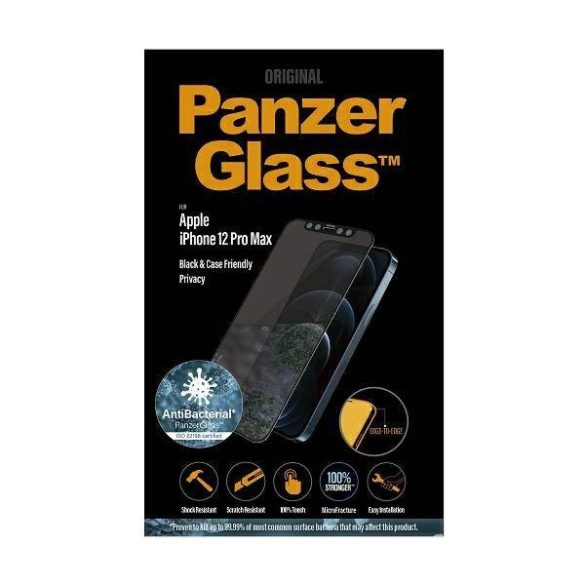 PanzerGlass E2E Super+ iPhone 12 Pro Max tokbarát antibakteriális mikrofraktúrás Privacy fekete kijelzővédő fólia