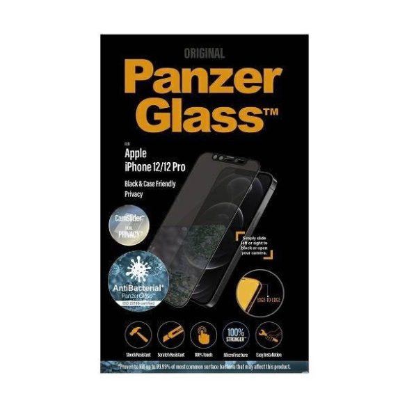 PanzerGlass E2E Microfracture iPhone 12 /12 Pro 6,1" tokbarát CamSlider Privacy antibakteriális fekete képernyővédő fólia