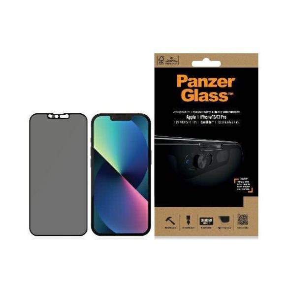 PanzerGlass E2E Microfracture iPhone 13 /13 Pro 6,1" tokbarát CamSlider Privacy antibakteriális fekete képernyővédő fólia