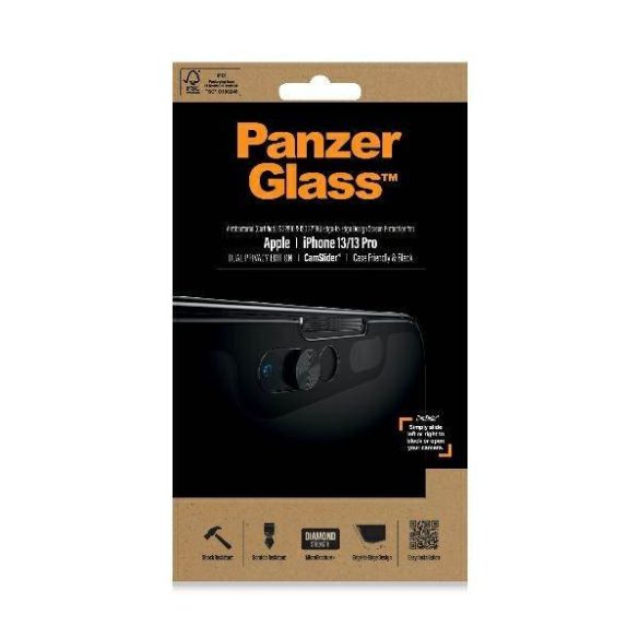 PanzerGlass E2E Microfracture iPhone 13 /13 Pro 6,1" tokbarát CamSlider Privacy antibakteriális fekete képernyővédő fólia