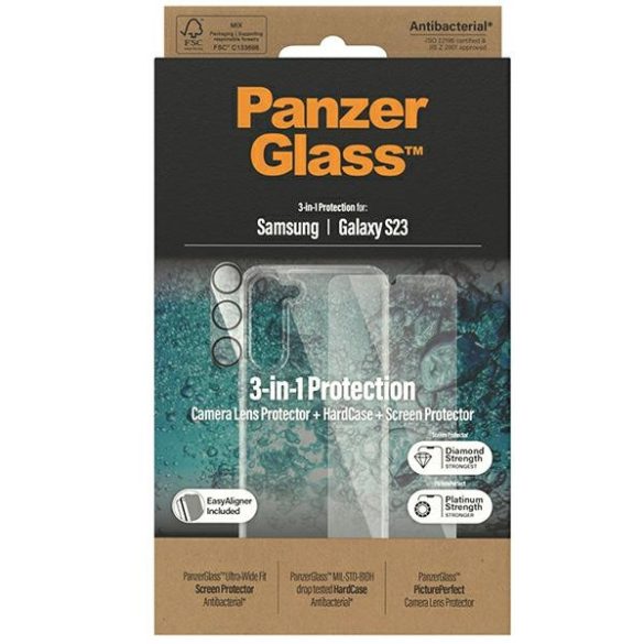 PanzerGlass csomag 3 az 1-ben Samsung Galaxy S23 S911 Hardcase + Képernyővédő + Kamera objektív 0433+7315 tok
