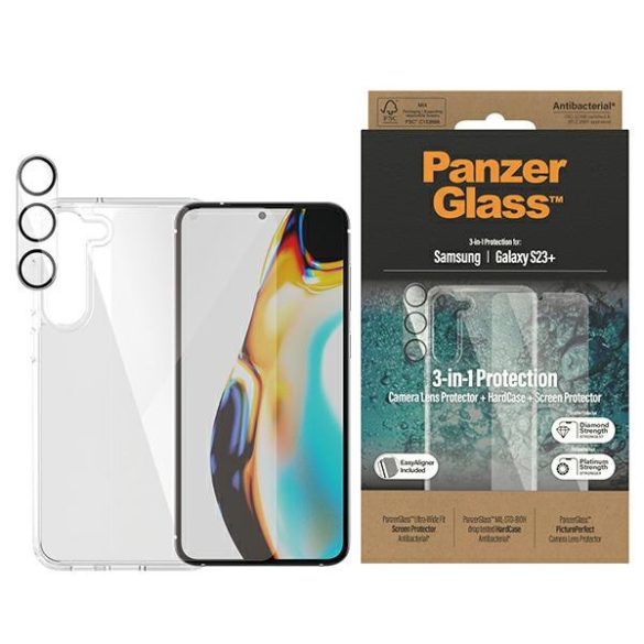 PanzerGlass Bundle 3 az 1-ben Sam Samsung Galaxy S23+ S916 Hardcase + Képernyővédő + Kamera objektív 0434+7316 tok