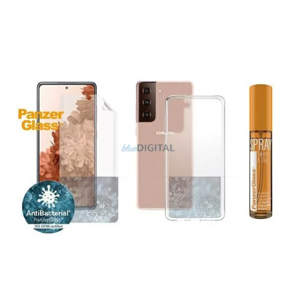 PanzerGlass készlet Start Samsung Galaxy S21+ TPU képernyővédő fólia + Tok átlátszó tok + 30ml spray