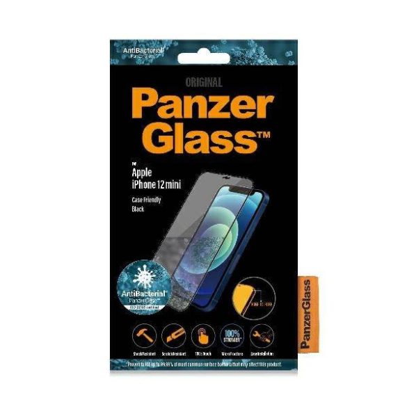 PanzerGlass Pro E2E Super+ iPhone 12 Mini tokbarát antibakteriális mikrofraktúrás fekete képernyővédő fólia